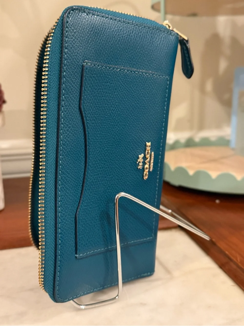 Coach Teal Pebbled Leather Zip Wallet with Front Card Slot